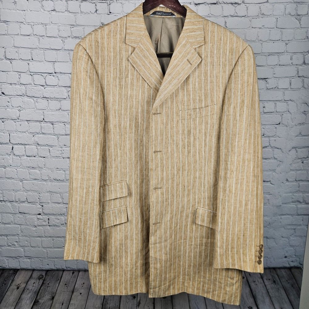 Steve‎ Harvey Collection Blazer Tan Pinstripe Super 120s Merino Wool Hand Tailor
